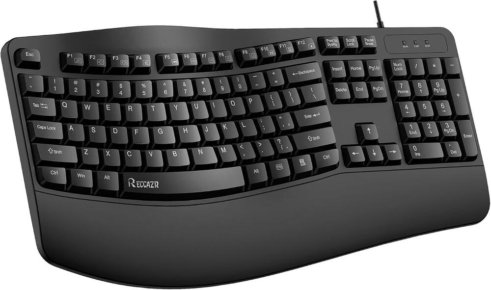 RECCAZR Ergonomic Keyboard, Wired Computer USB Keyboard with Wrist Rest,Black